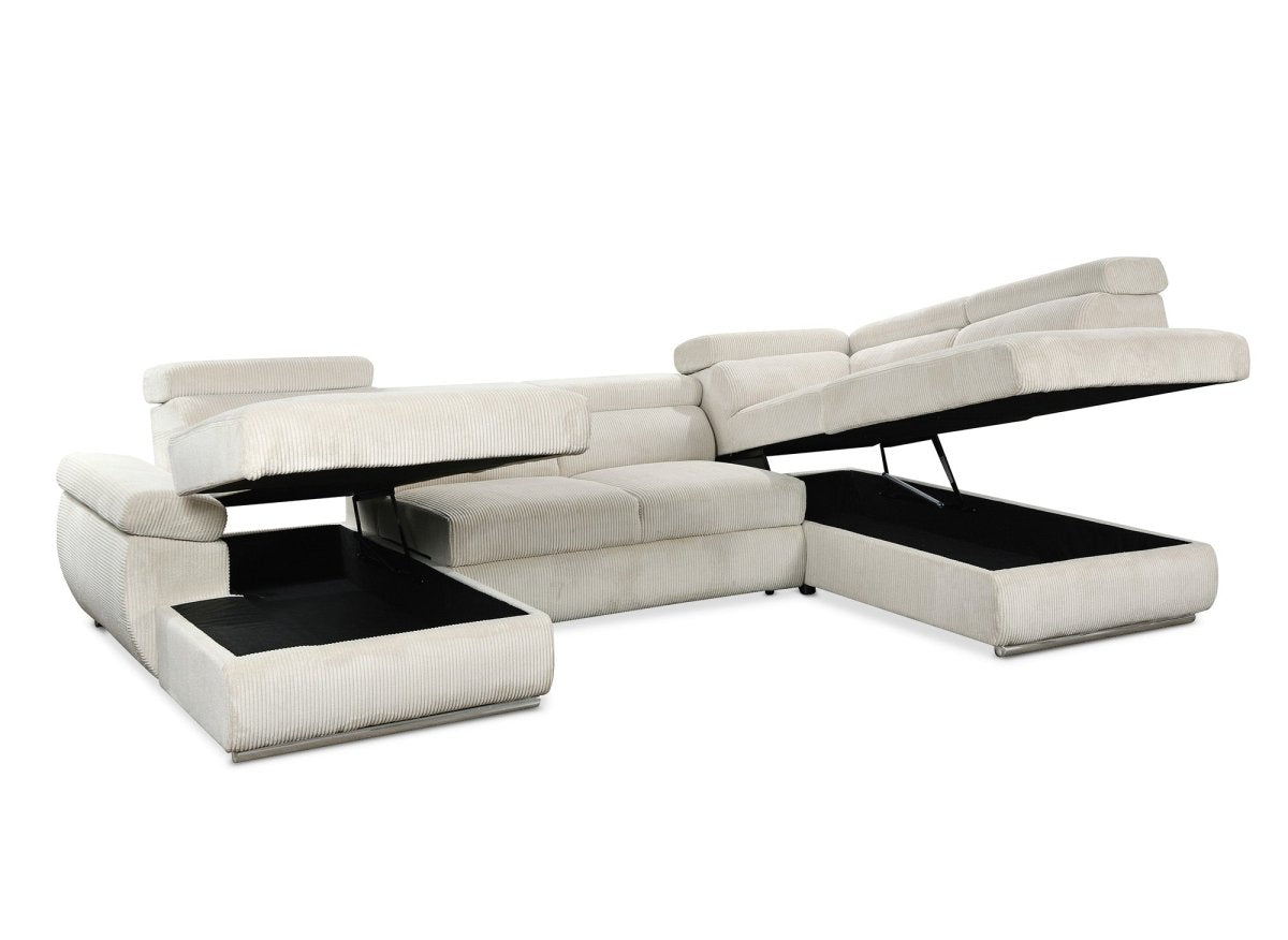 Canapé panoramique convertible avec coffre en velours côtelé épais beige MARIANO - Angle gauche - DécoInParis