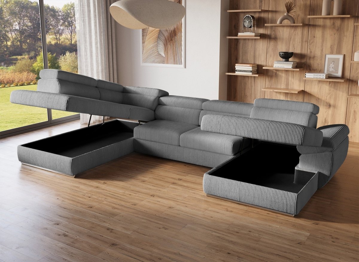 Canapé panoramique convertible avec coffre en velours côtelé épais gris MARIANO - Angle droit - DécoInParis