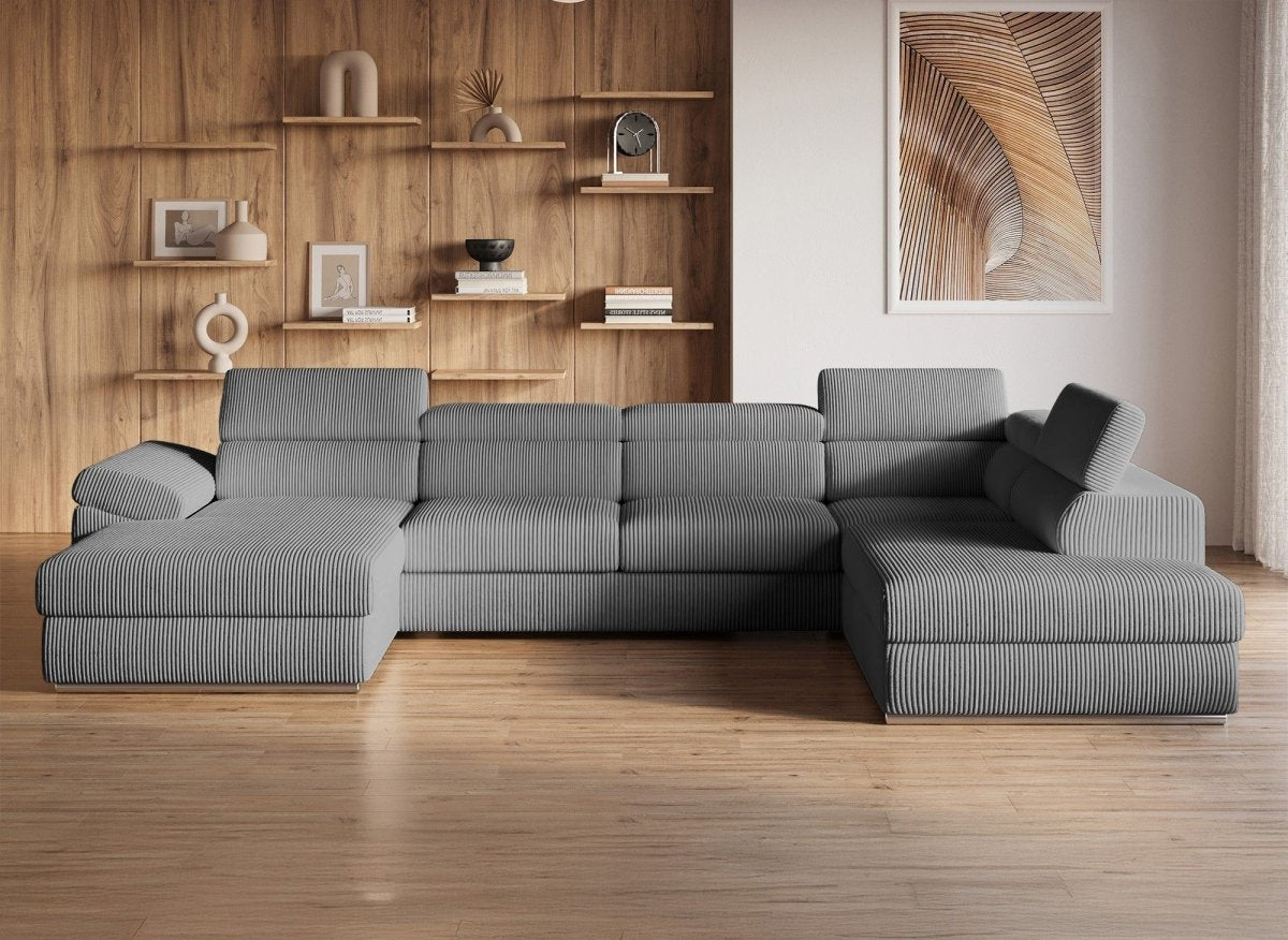 Canapé panoramique convertible avec coffre en velours côtelé épais gris MARIANO - Angle gauche - DécoInParis