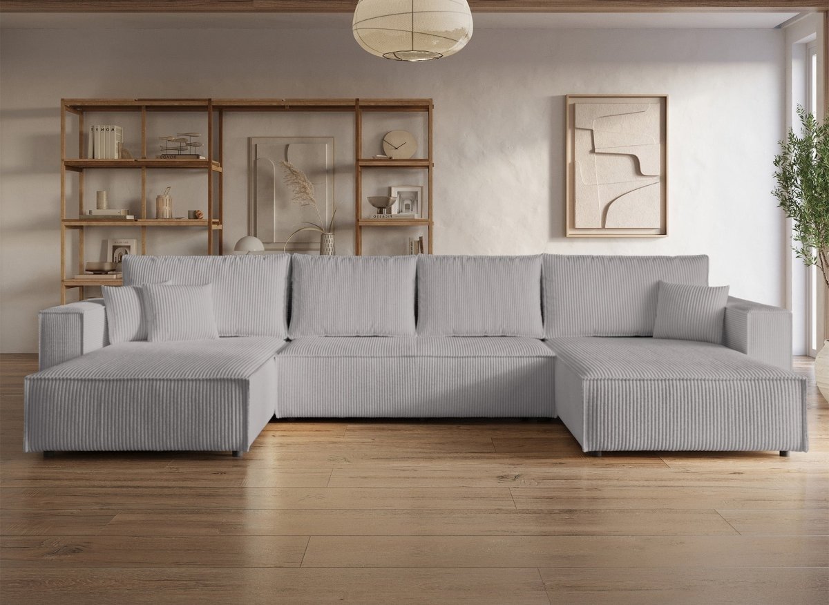 Canapé panoramique convertible avec coffre en velours cotelé gris clair - JADE - DécoInParis