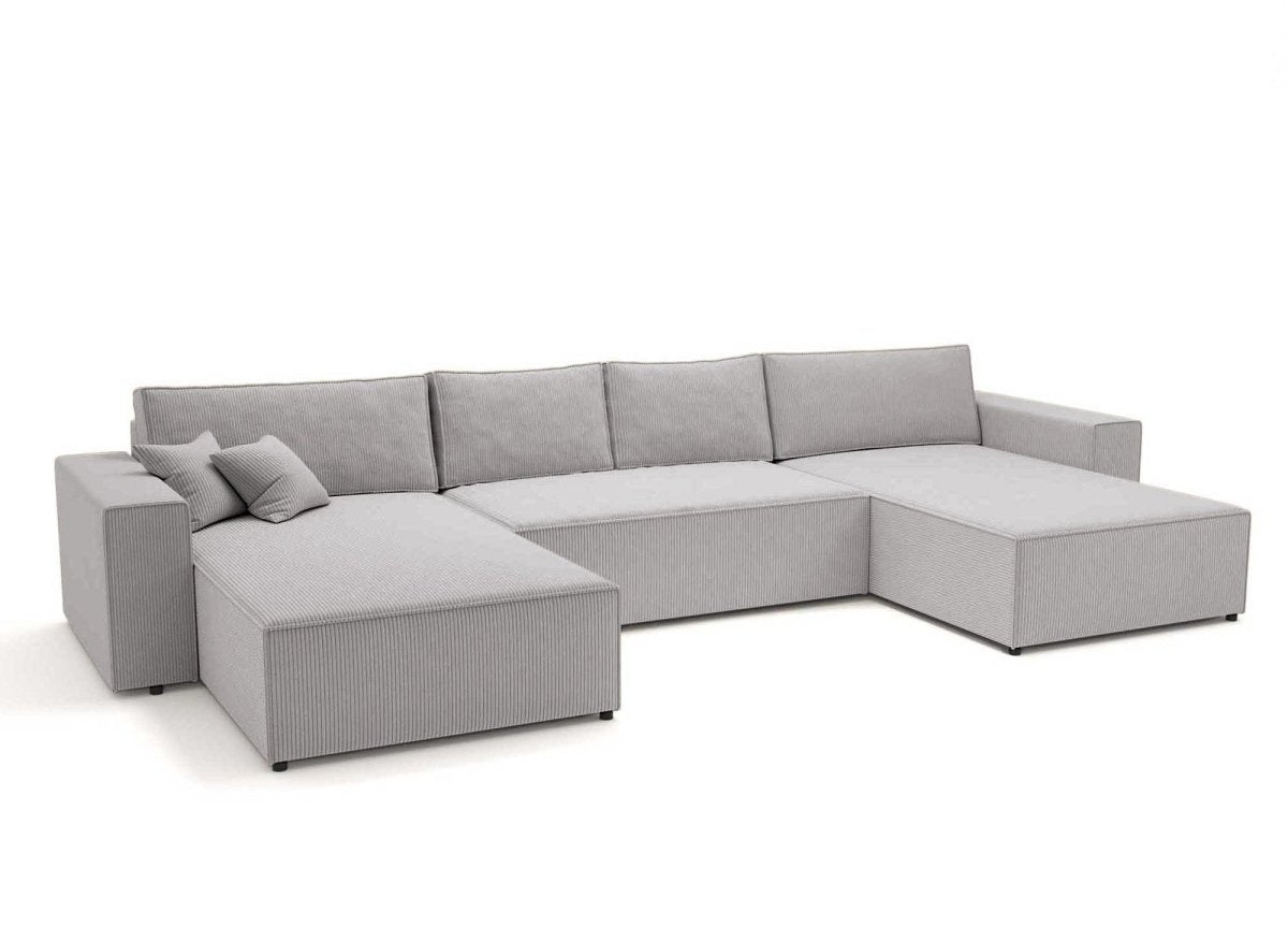 Canapé panoramique convertible avec coffre en velours cotelé gris clair - JADE - DécoInParis