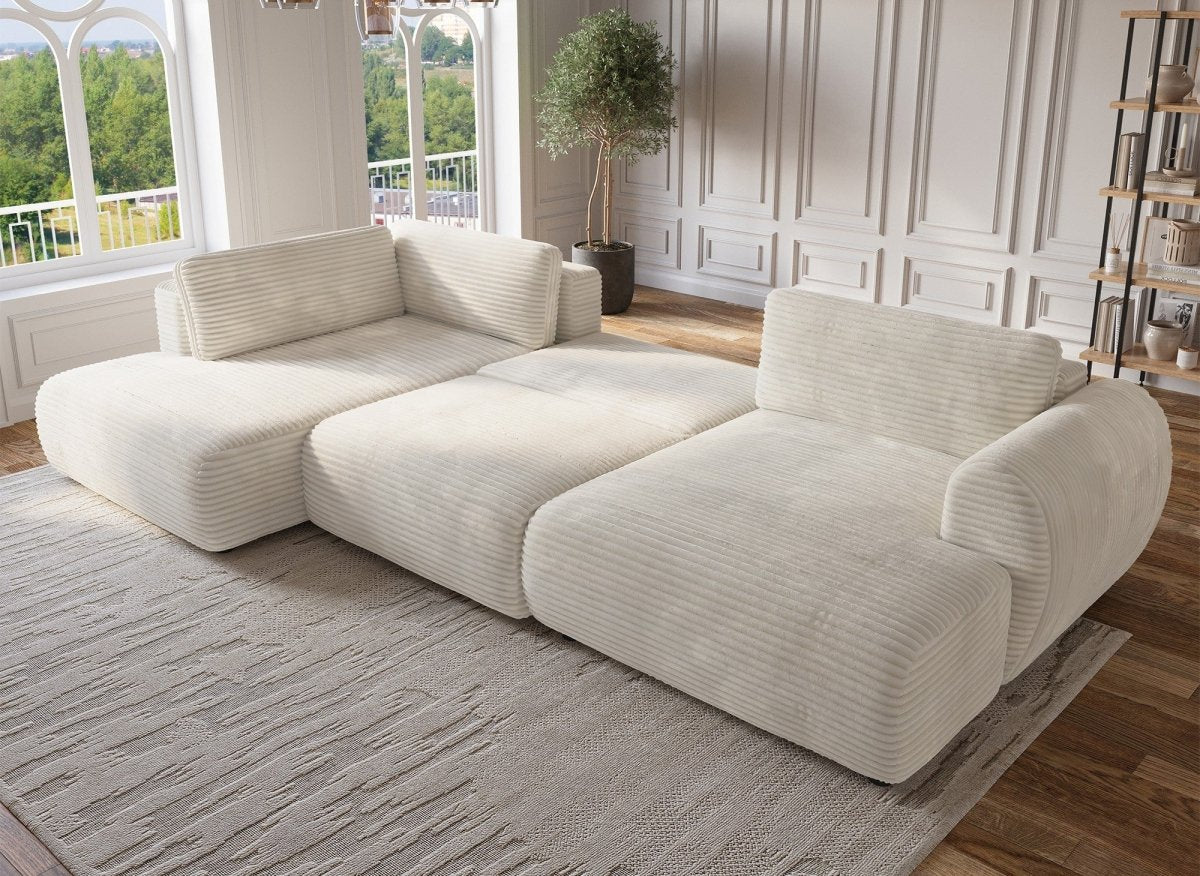 Canapé panoramique convertible avec coffre en velours gros côtelé beige TILDA - Angle gauche - DécoInParis