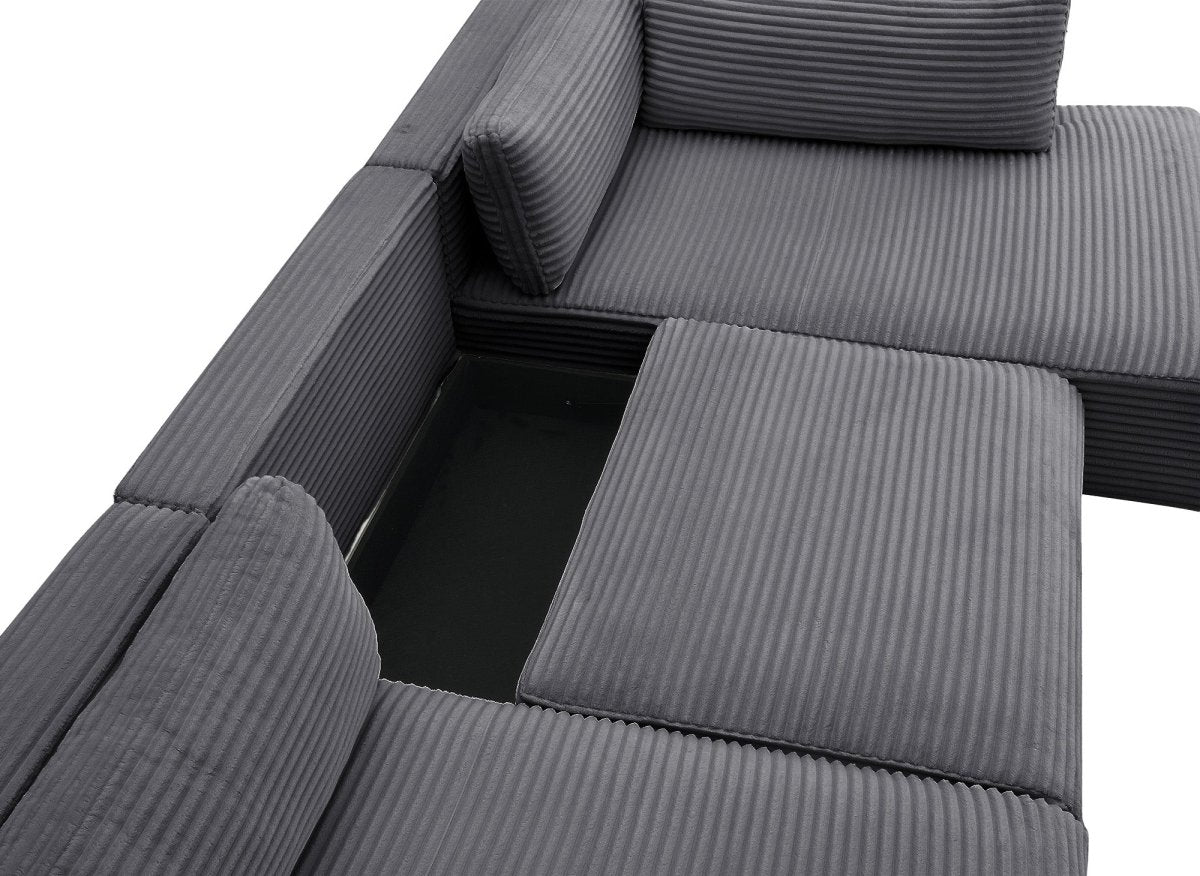 Canapé panoramique convertible avec coffre en velours gros côtelé gris TILDA - Angle droit - DécoInParis