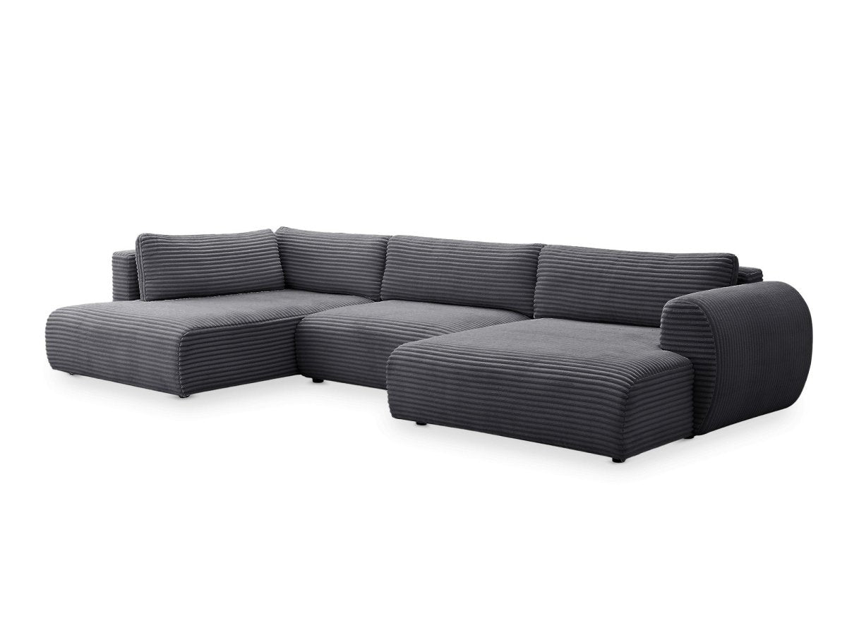 Canapé panoramique convertible avec coffre en velours gros côtelé gris TILDA - Angle gauche - DécoInParis