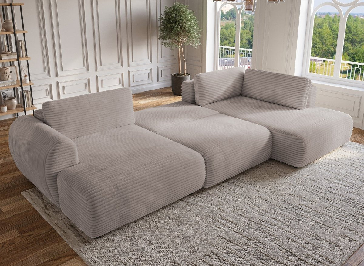 Canapé panoramique convertible avec coffre en velours gros côtelé taupe TILDA - Angle droit - DécoInParis