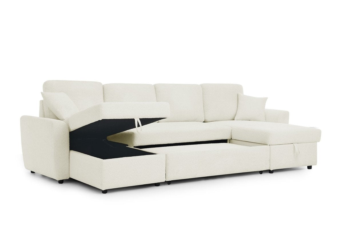 Canapé panoramique convertible avec coffres en tissu bouclette beige ADRYEN - DécoInParis