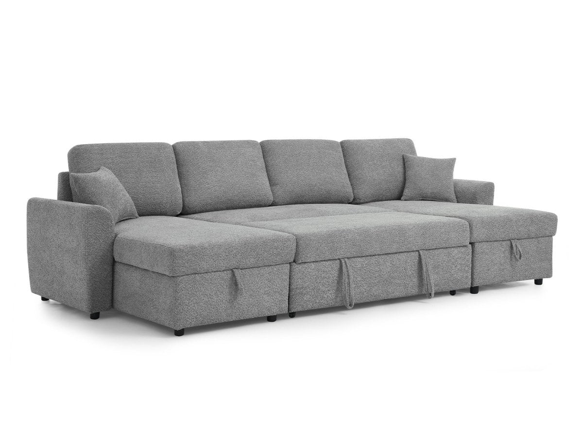 Canapé panoramique convertible avec coffres en tissu bouclette gris ADRYEN - DécoInParis