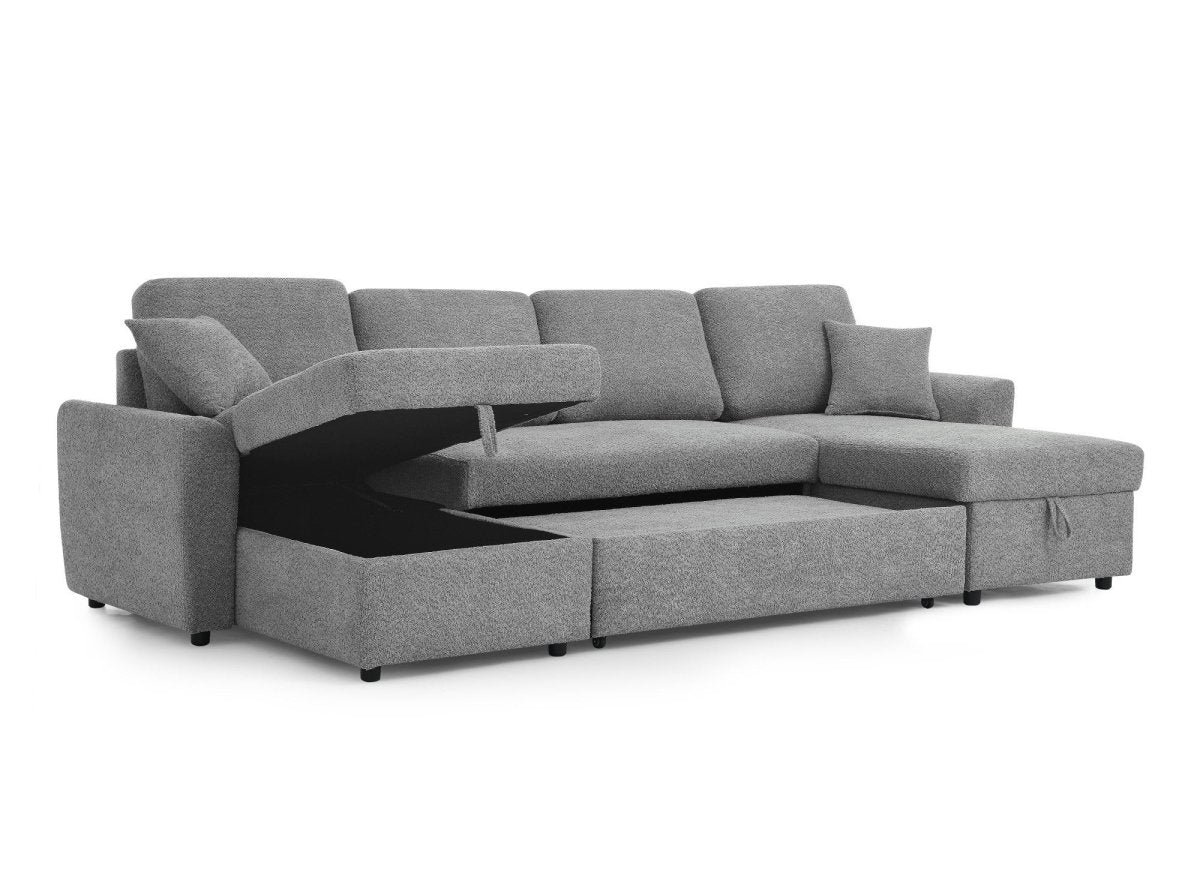 Canapé panoramique convertible avec coffres en tissu bouclette gris ADRYEN - DécoInParis
