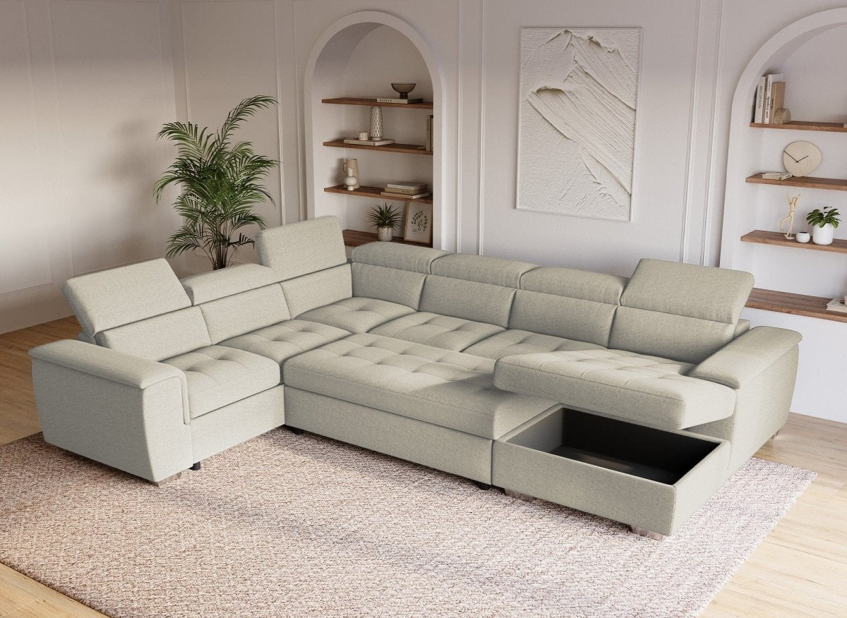 Canapé panoramique convertible coffre de rangement en tissu beige GAELLE - Angle Droit - DécoInParis