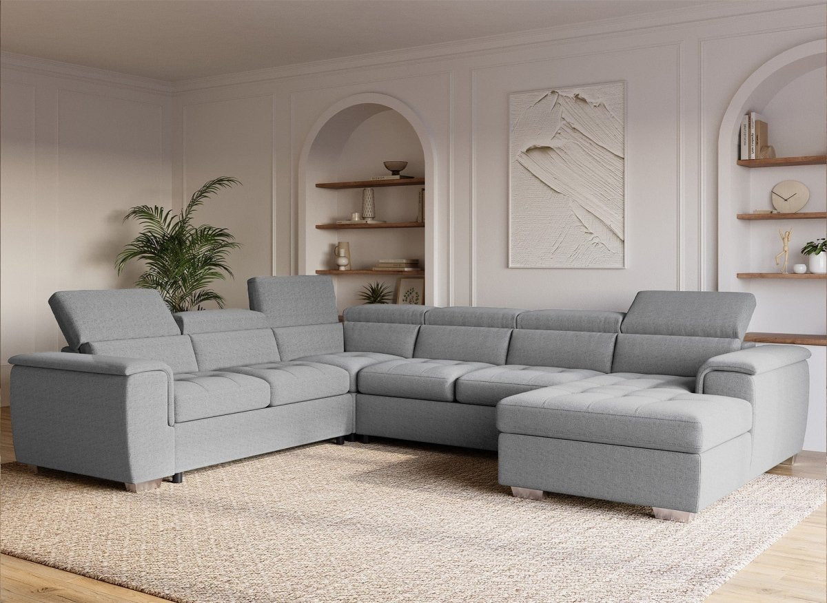 Canapé panoramique convertible coffre de rangement en tissu gris GAELLE - Angle Droit - DécoInParis