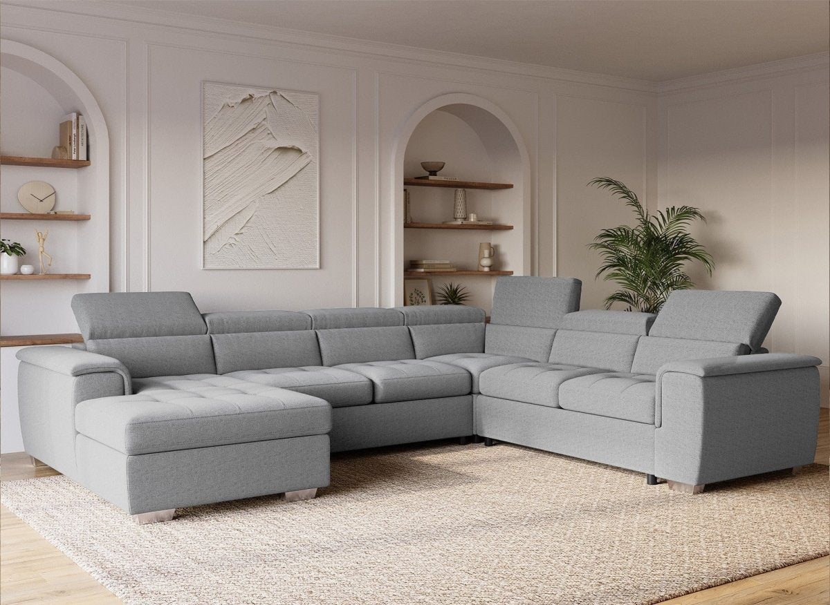 Canapé panoramique convertible coffre de rangement en tissu gris GAELLE - Angle Gauche - DécoInParis