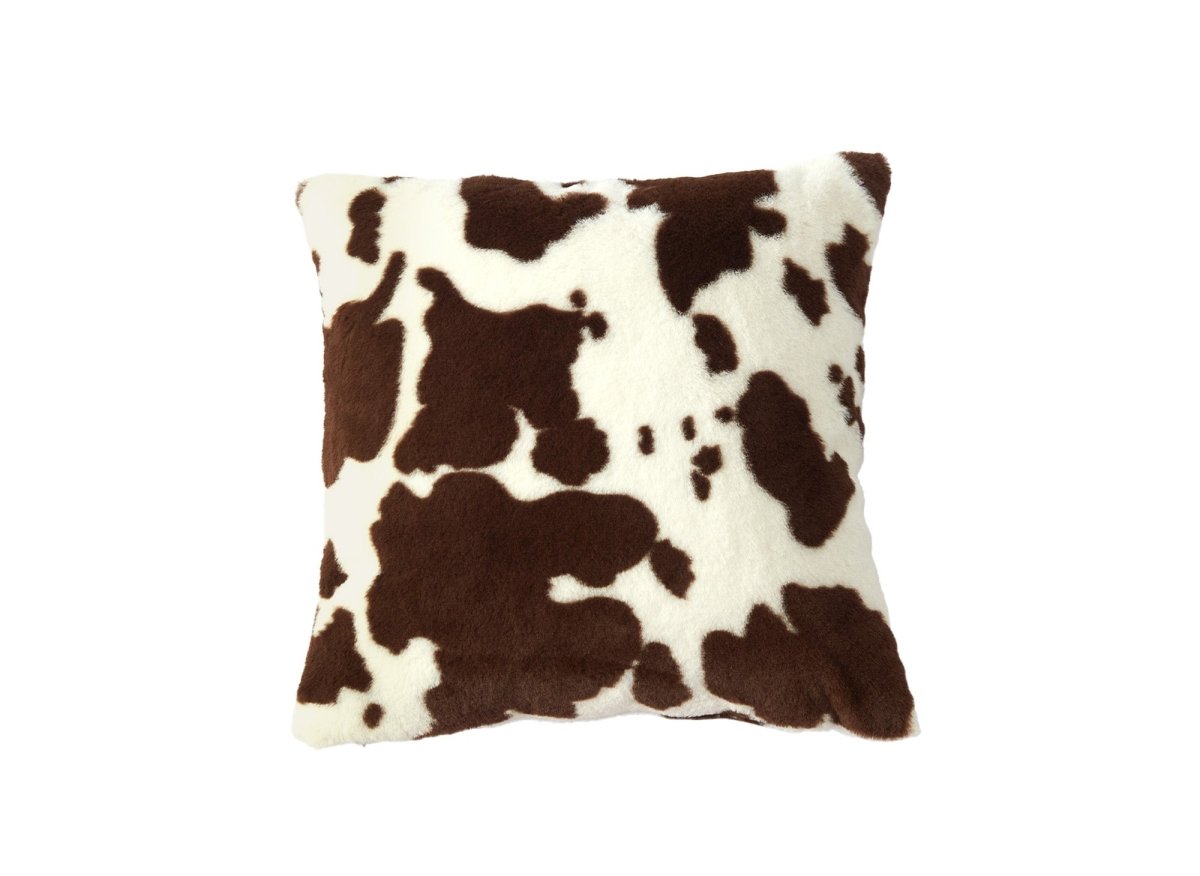 Coussin carré 45x45 cm en tissu poils effet peau de vache marron et blanc SAKINA - DécoInParis