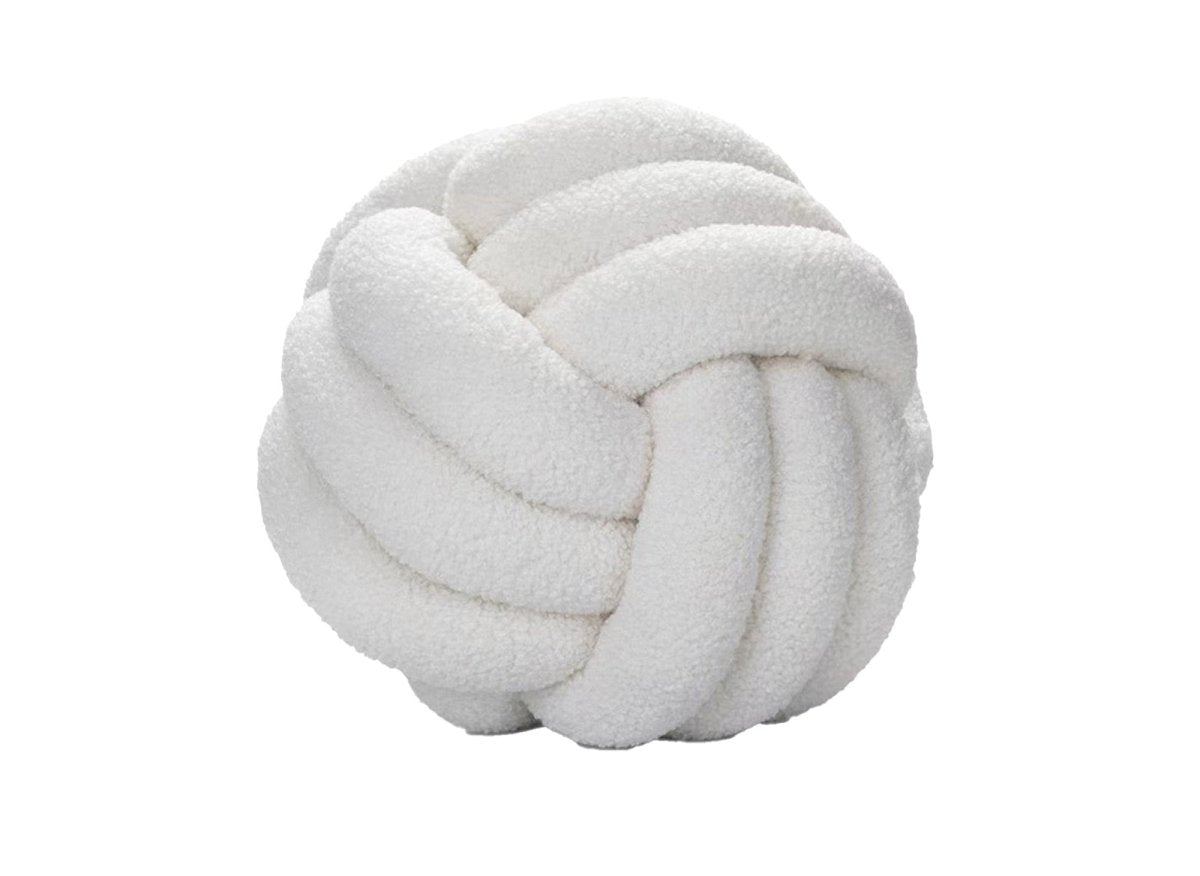 Coussin rond décoratif boule de nœud en effet peau de mouton blanc écru NODUS - DécoInParis