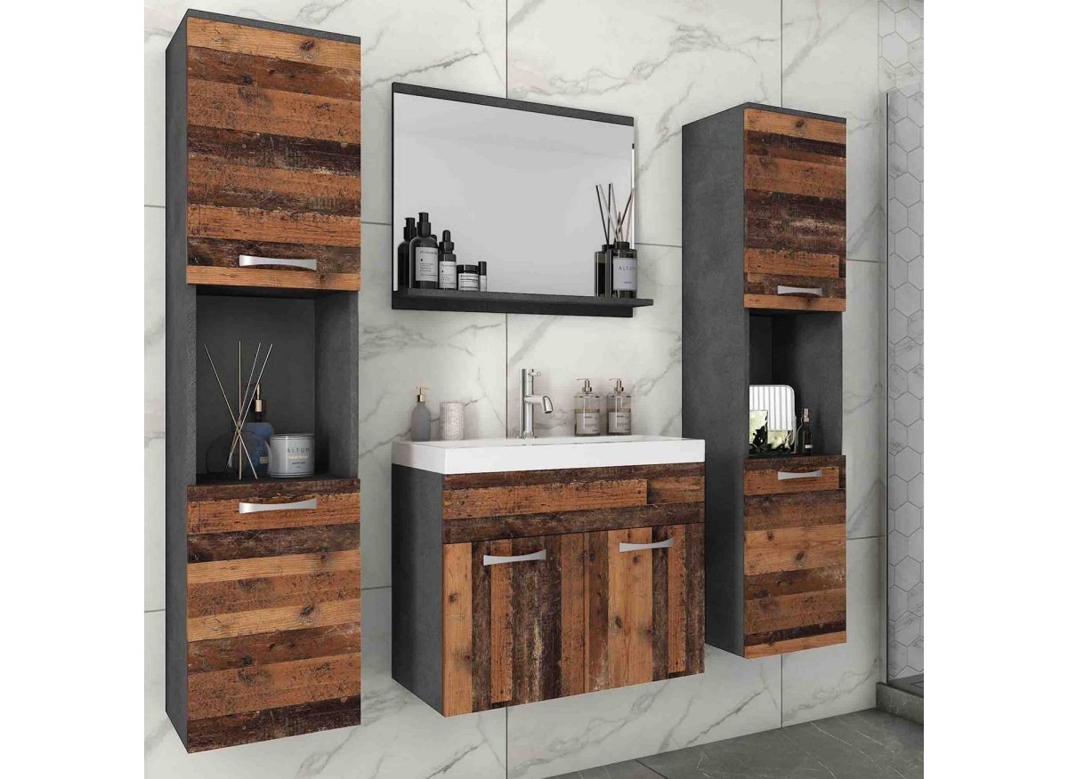 Ensemble meubles salle de bain design suspendu XL - Gris foncé et chêne vieilli HARMONY - DécoInParis