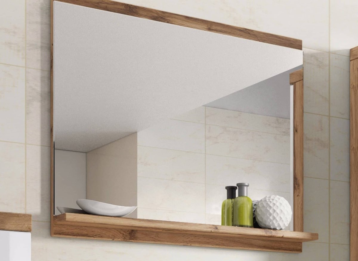 Ensemble meubles salle de bain suspendu - Bois effet vieilli et blanc SHELBY - DécoInParis