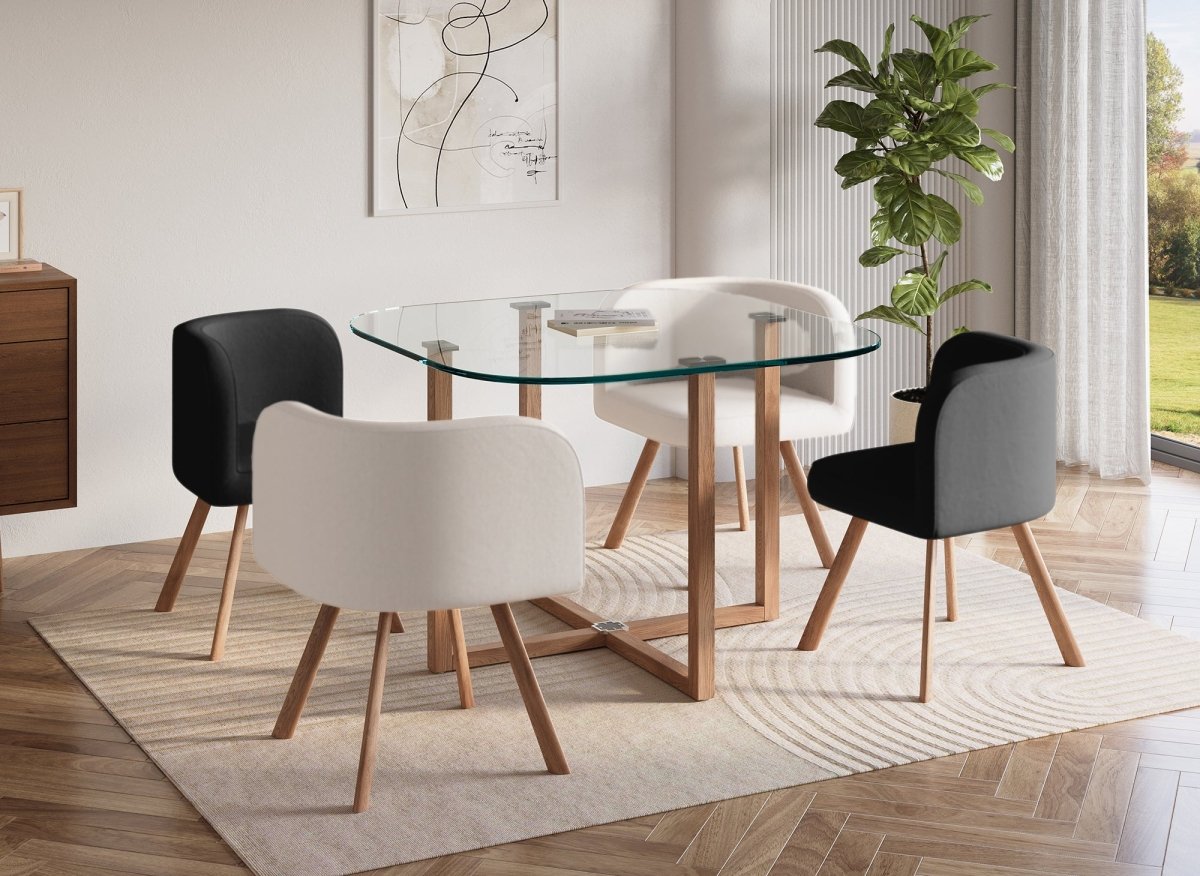 Ensemble table à manger en verre + 4 chaises noires et blanches FLEN - DécoInParis