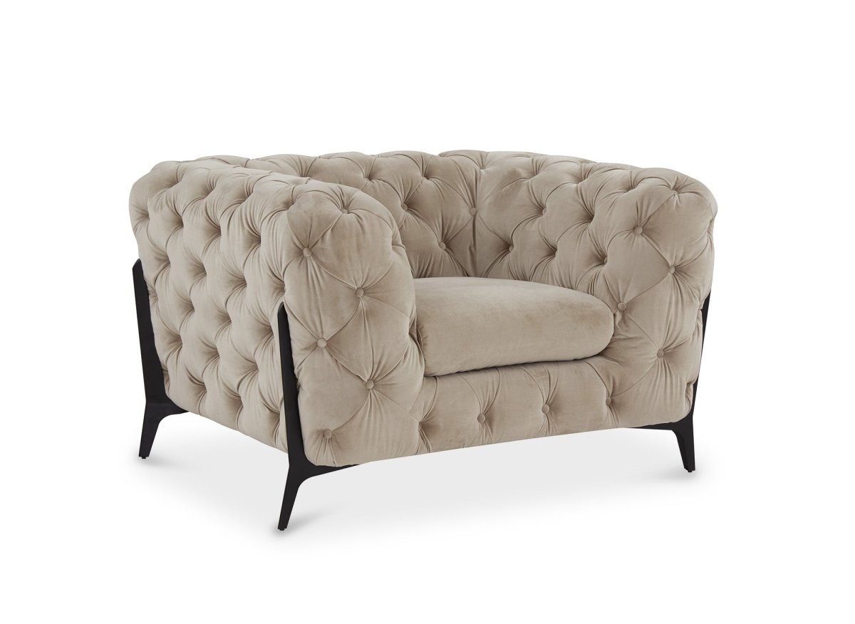 Fauteuil capitonné chesterfield velours beige CARMEN - DécoInParis