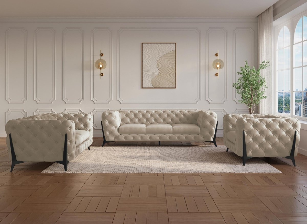 Fauteuil capitonné chesterfield velours beige CARMEN - DécoInParis
