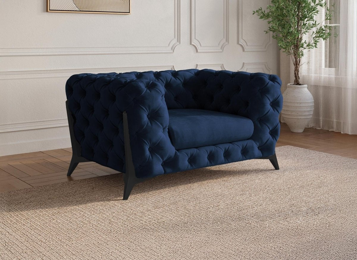 Fauteuil capitonné chesterfield velours bleu CARMEN - DécoInParis