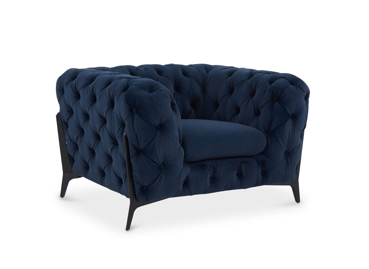 Fauteuil capitonné chesterfield velours bleu CARMEN - DécoInParis
