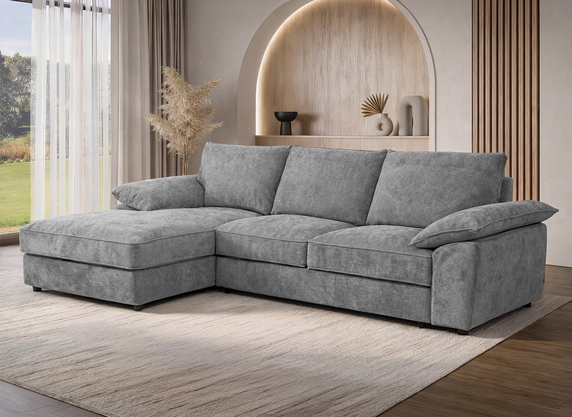 Canapé d'angle convertible avec coffre de rangement en velours chiné gris GABIN - Angle gauche