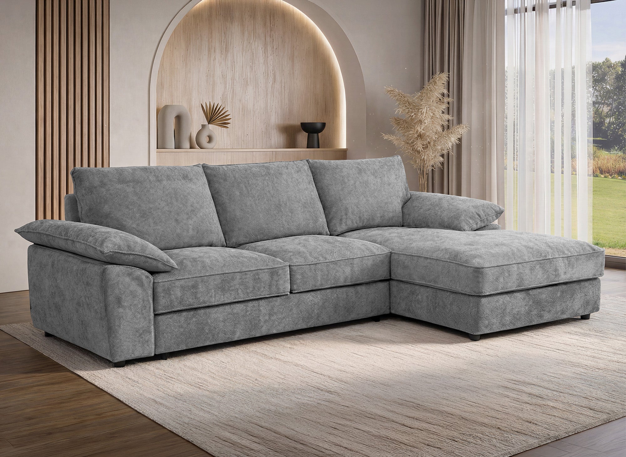 Canapé d'angle convertible avec coffre de rangement en velours chiné gris GABIN - Angle droit