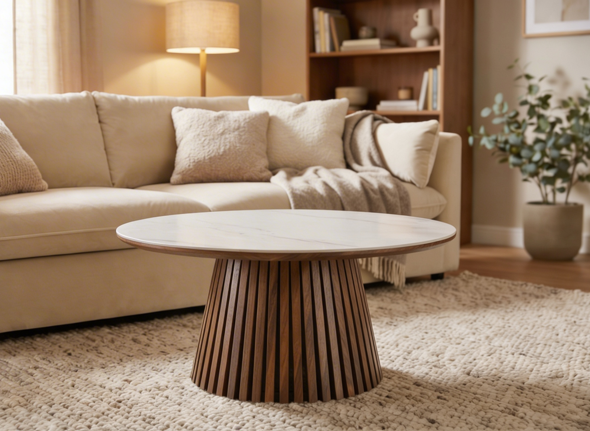 Table basse ronde en bois foncé plateau en céramique blanc HEKA