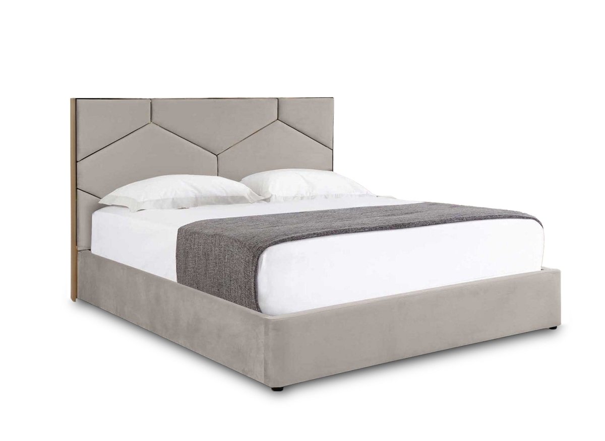 Lit coffre avec tête de lit design en velours taupe LARA 180 x 200 cm - DécoInParis