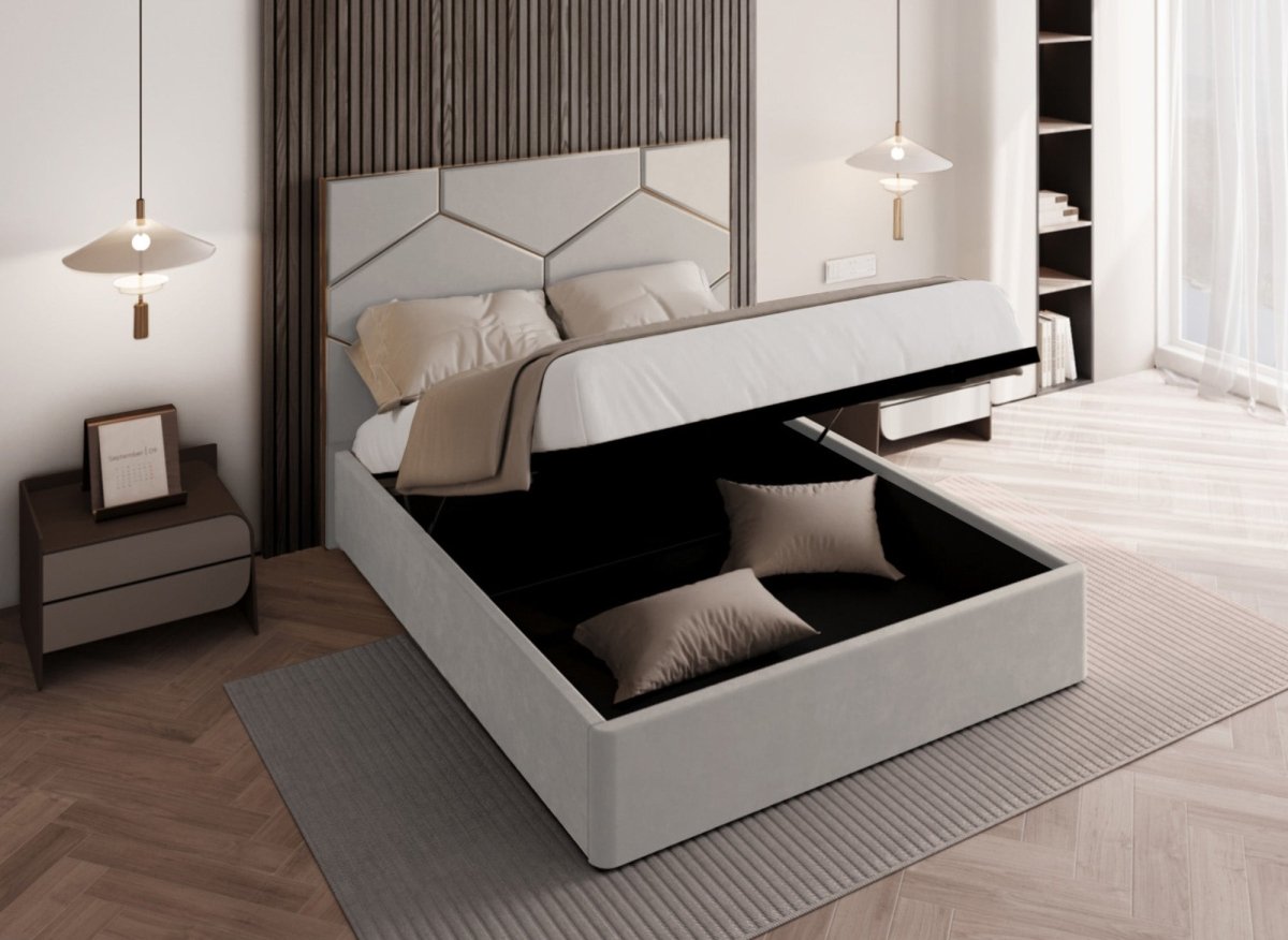 Lit coffre avec tête de lit design en velours taupe LARA 180 x 200 cm - DécoInParis