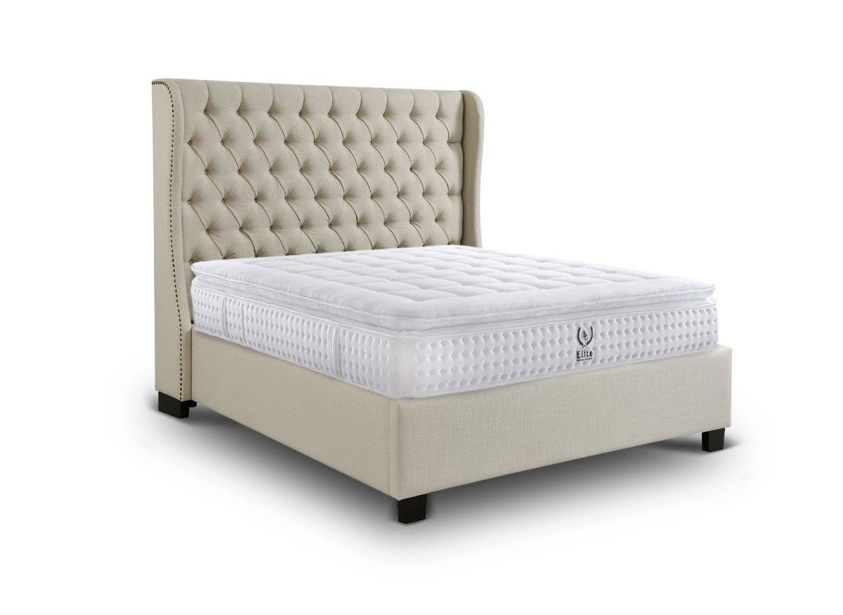Lit coffre capitonné en tissu lin beige FLORINE 160 x 200 cm - DécoInParis