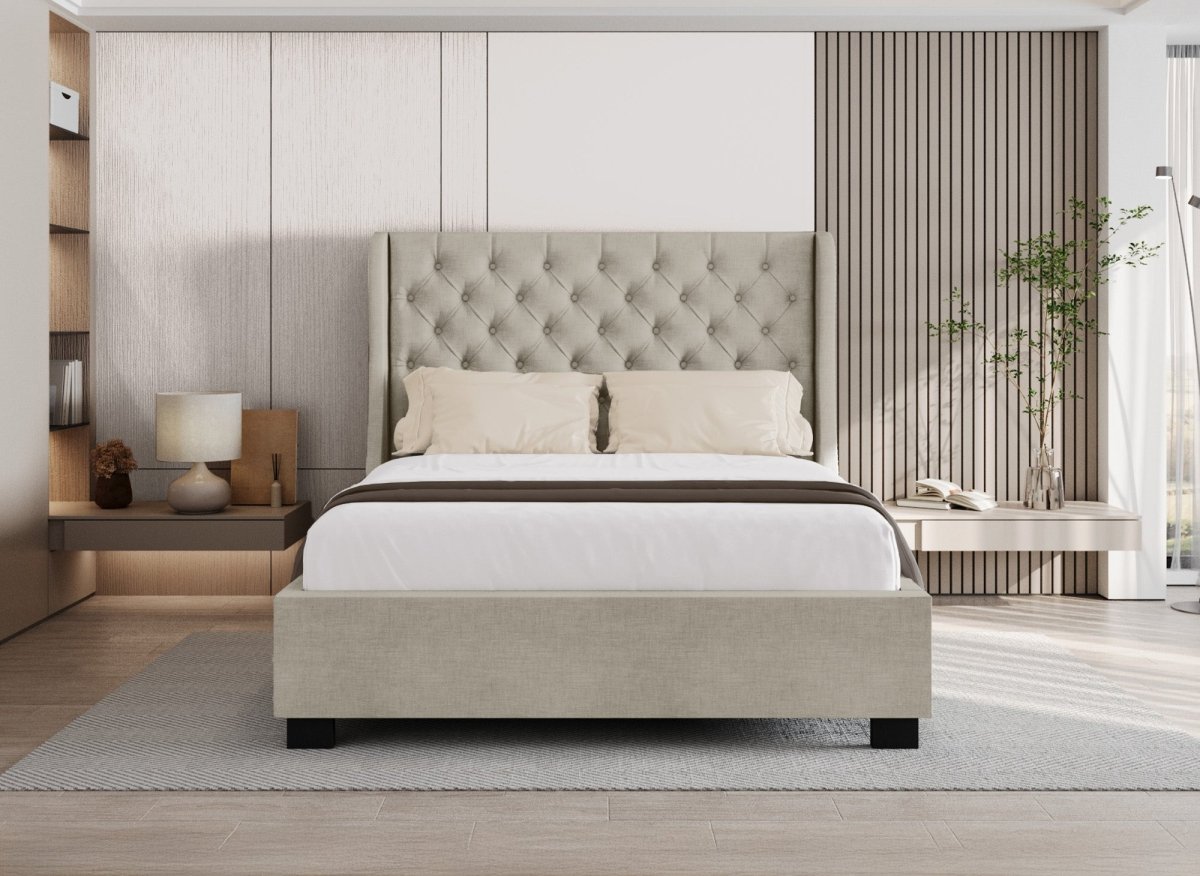 Lit coffre capitonné en tissu lin beige FLORINE 160 x 200 cm - DécoInParis