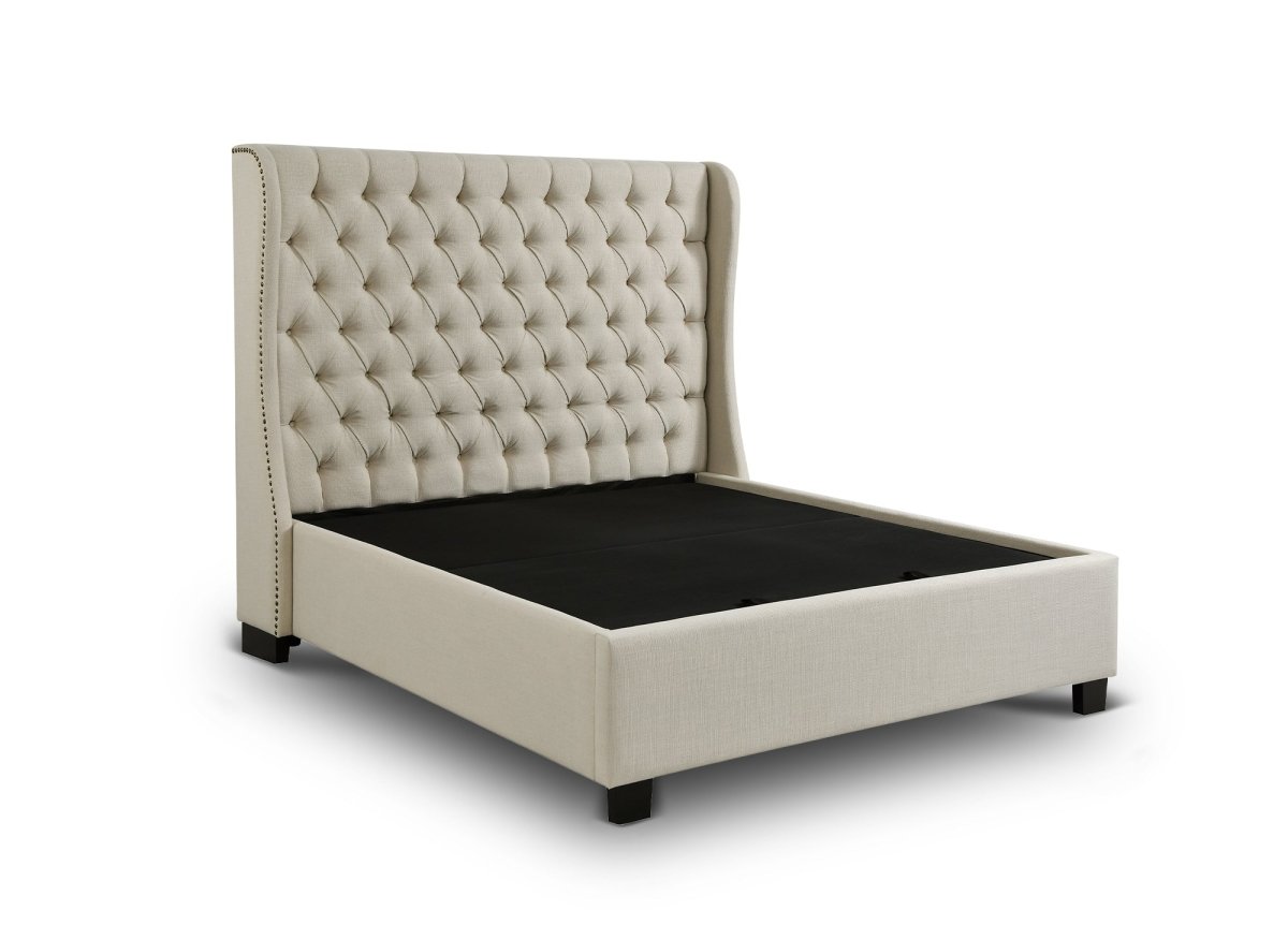 Lit coffre capitonné en tissu lin beige FLORINE 180 x 200 cm - DécoInParis