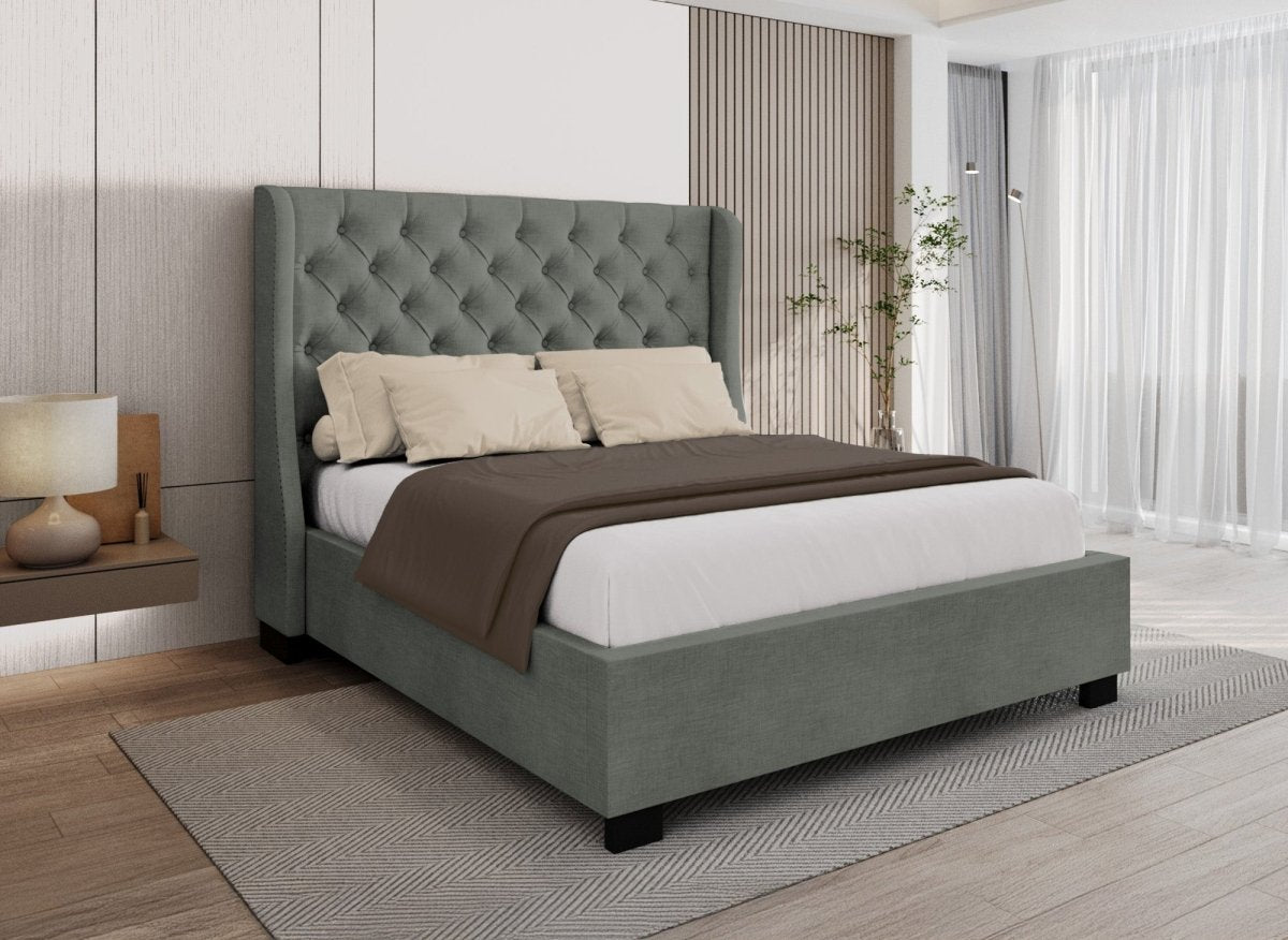 Lit coffre capitonné en tissu lin gris FLORINE 140 x 190 cm - DécoInParis