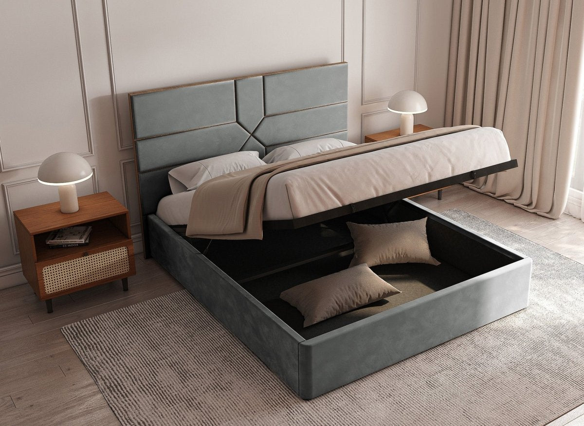 Lit coffre design en velours gris DAVINA 140 x 190 cm - DécoInParis