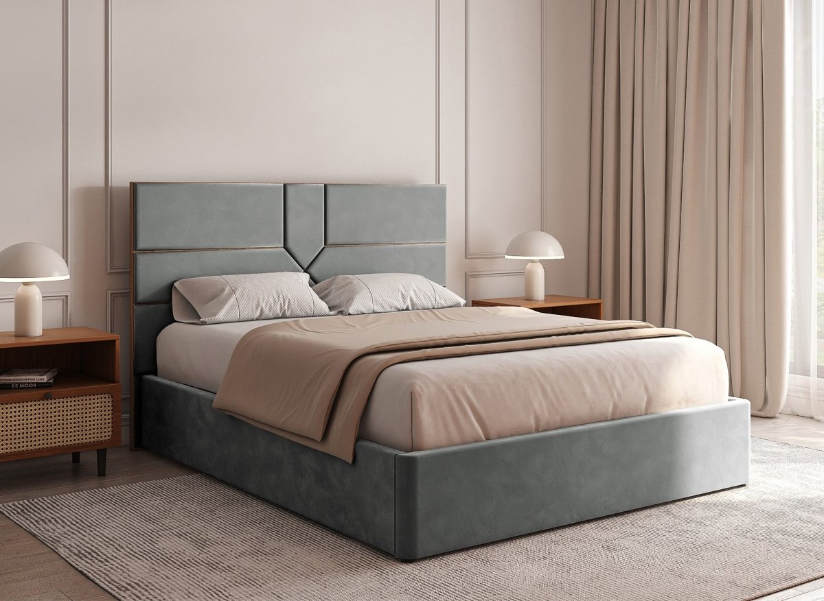 Lit coffre design en velours gris DAVINA 140 x 190 cm - DécoInParis