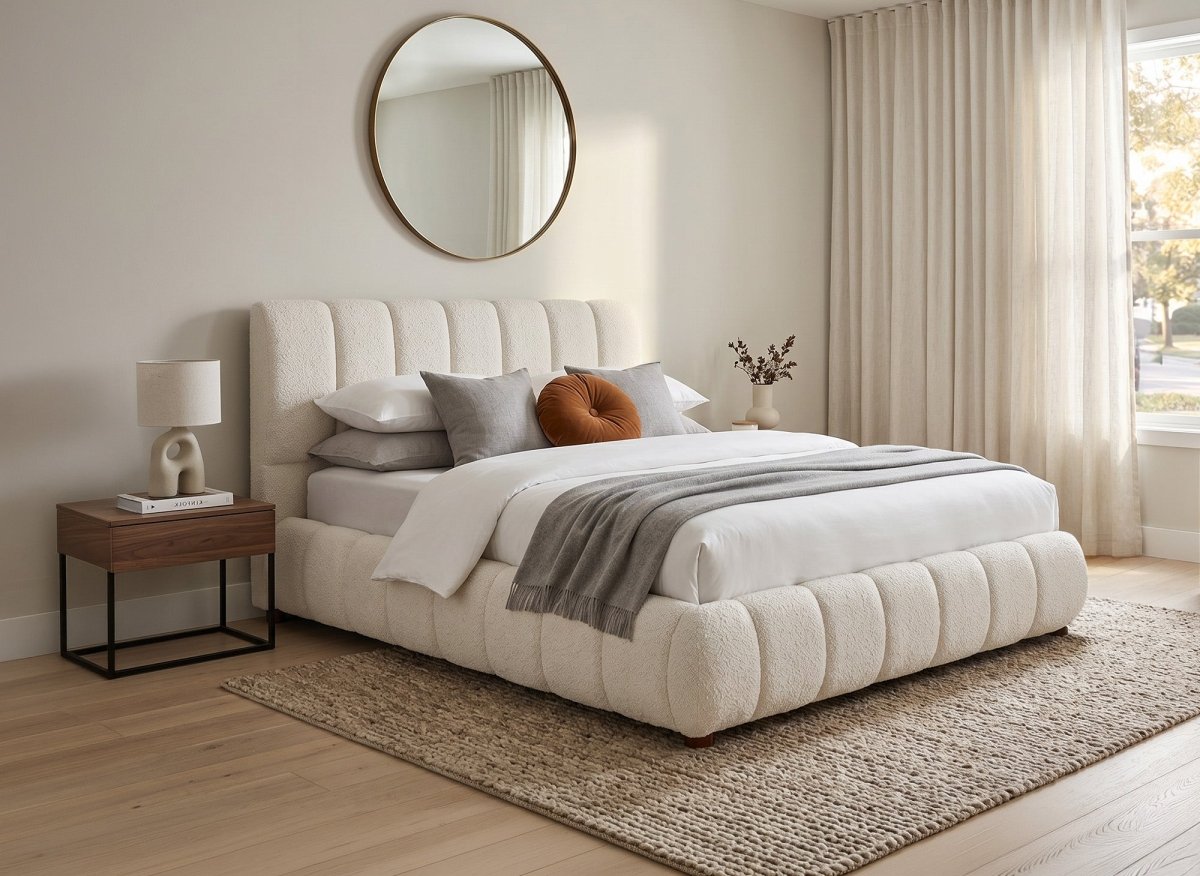 Lit coffre en tissu bouclette beige 140x190 cm RILEY - DécoInParis