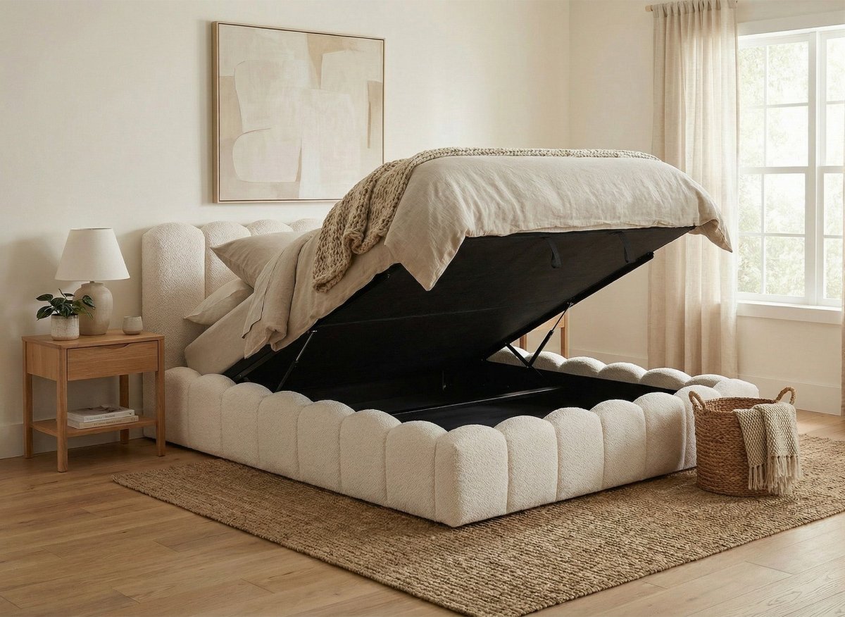 Lit coffre en tissu bouclette beige 160x200 cm RITA - DécoInParis