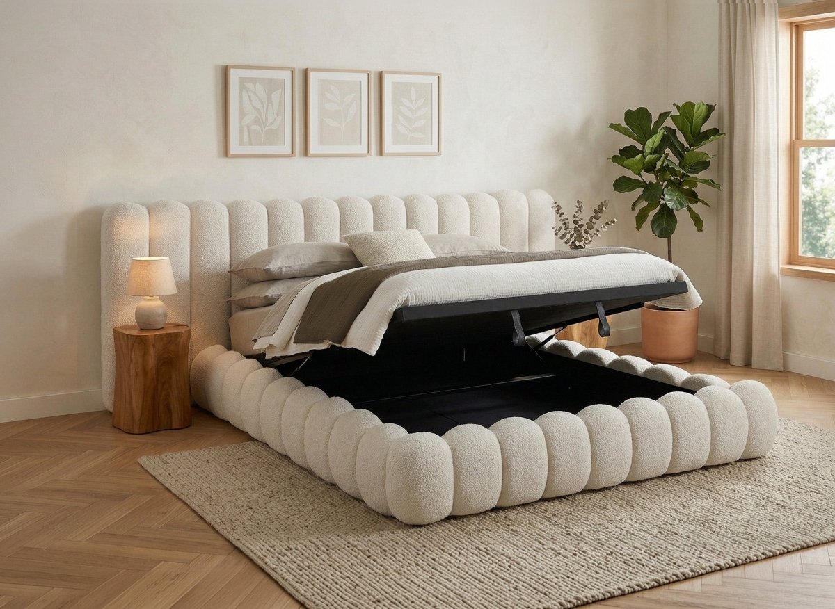 Lit coffre en tissu bouclette beige 180x200 cm GRETA - DécoInParis