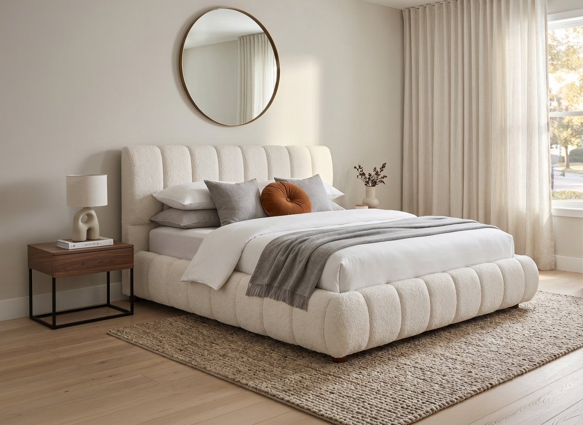 Lit coffre en tissu bouclette beige 180x200 cm RILEY - DécoInParis