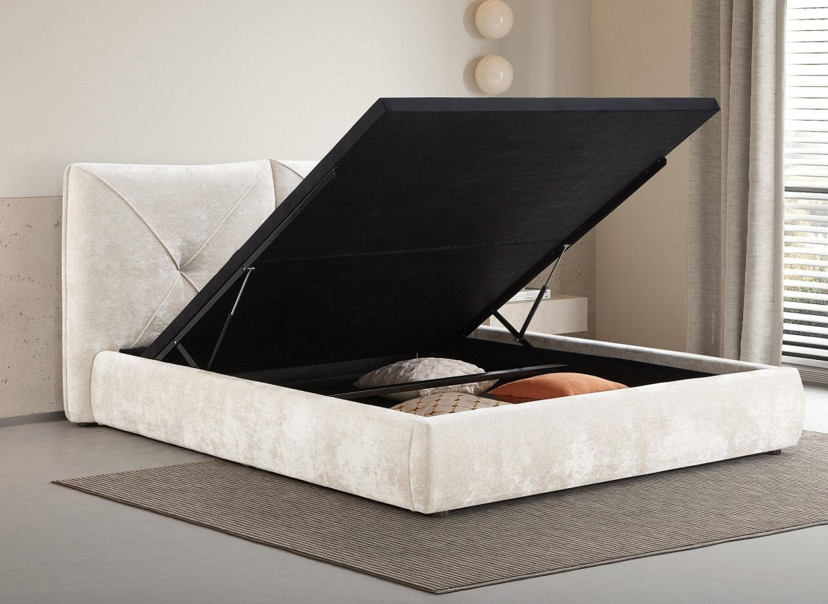 Lit coffre en tissu bouclette doux beige 180x200 cm NOAH - DécoInParis