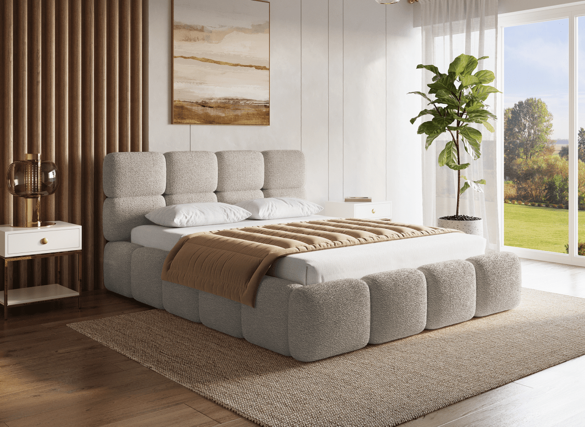 Lit coffre en tissu bouclette taupe 140x190 cm BUBBLE - DécoInParis