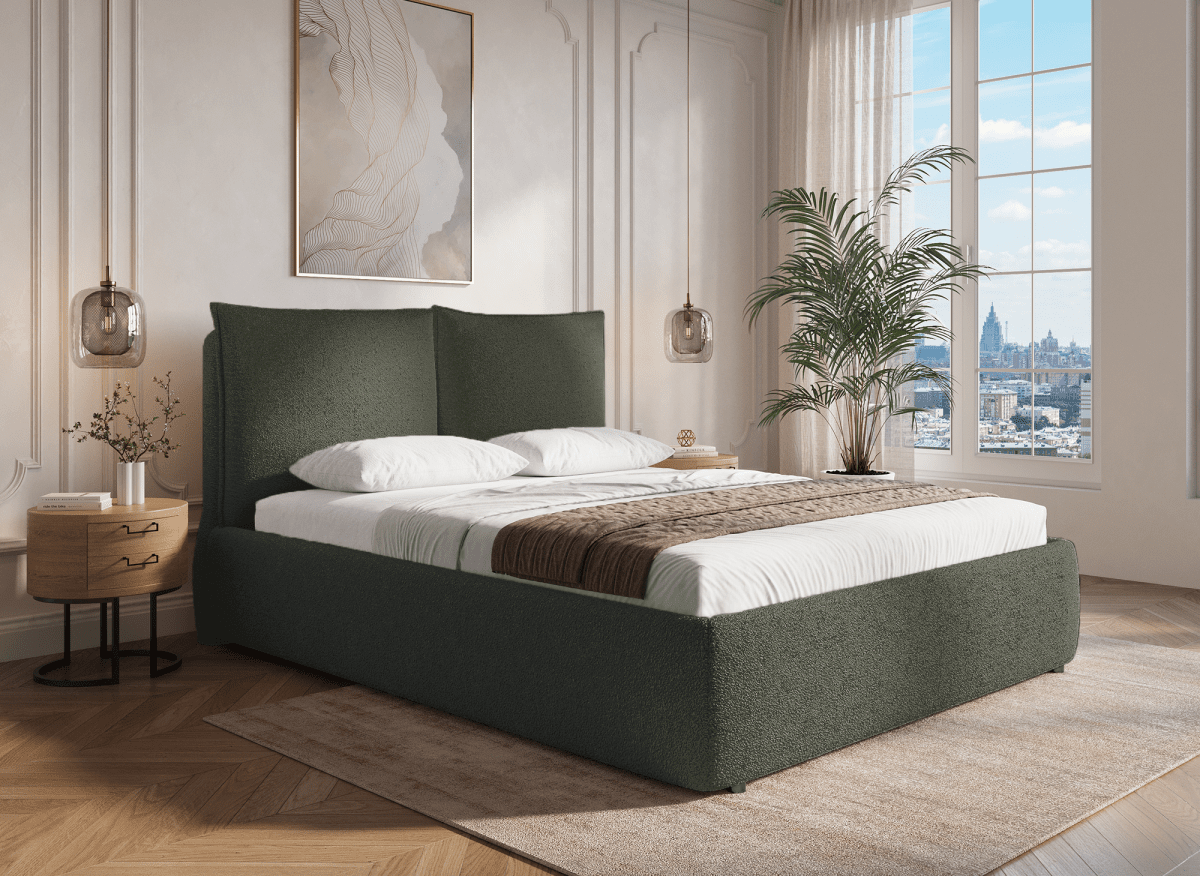 Lit coffre en tissu bouclette vert olive 140x190 cm MELY - DécoInParis