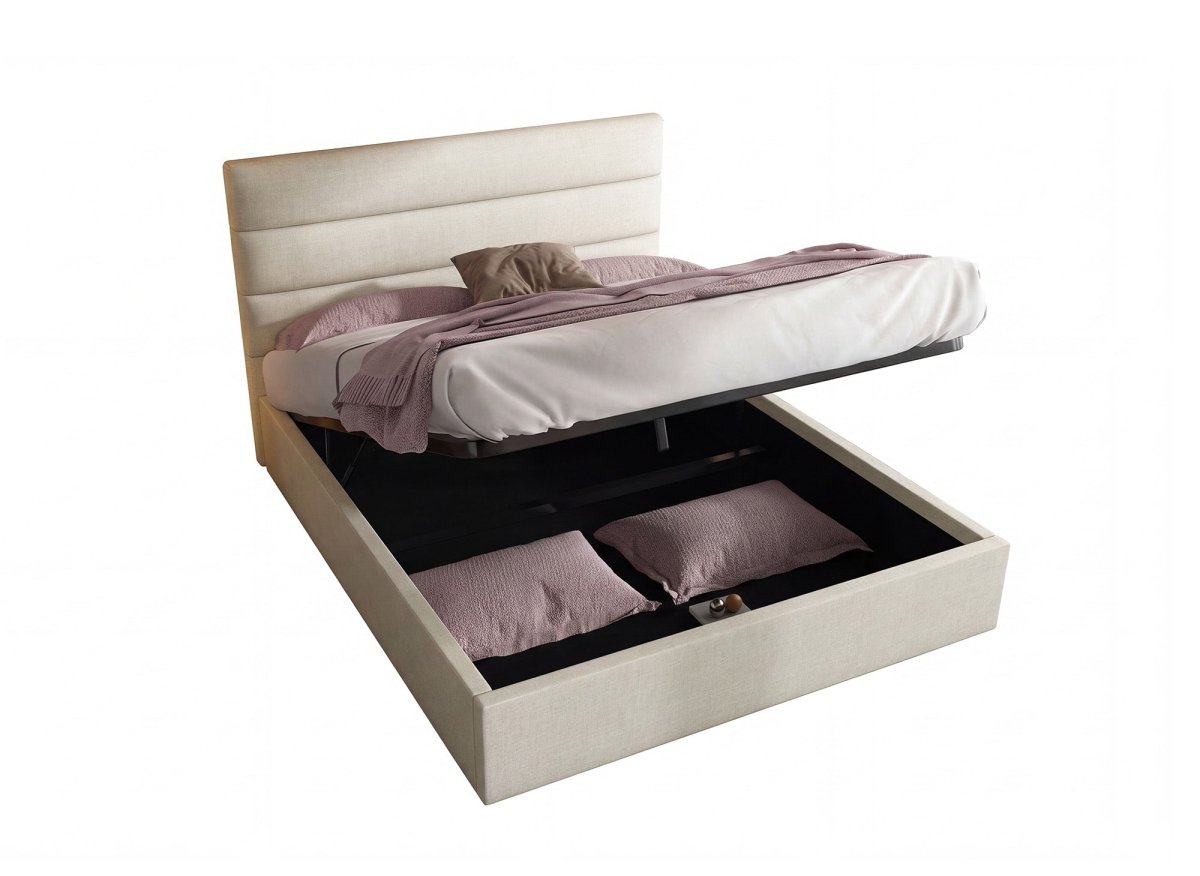 Lit coffre en tissu lin beige 140 x 190 cm SHANNA - DécoInParis