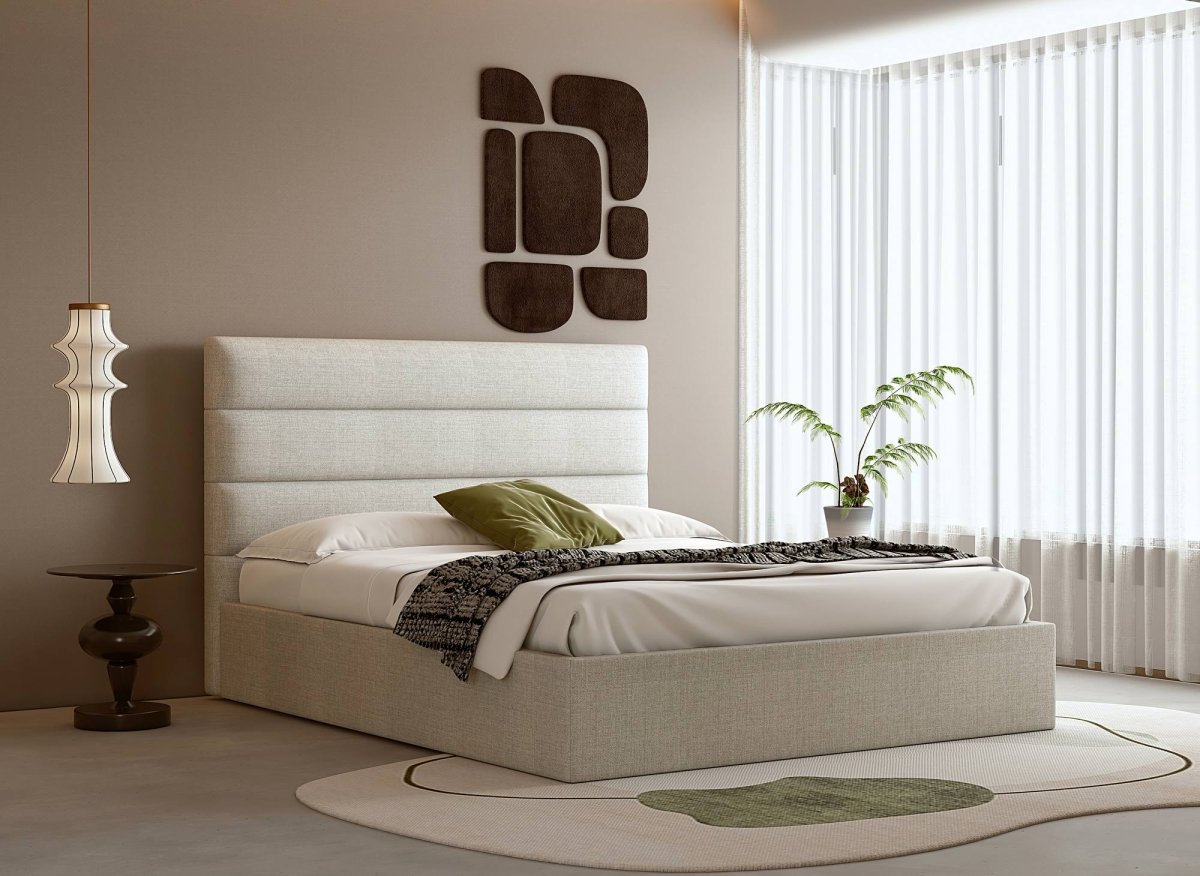 Lit coffre en tissu lin beige 140 x 190 cm SHANNA - DécoInParis