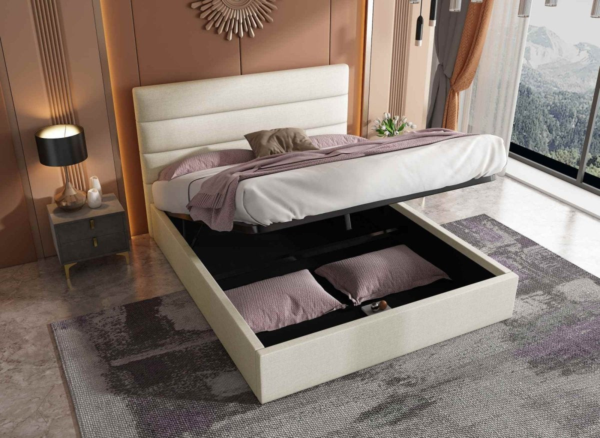 Lit coffre en tissu lin beige 160 x 200 cm SHANNA - DécoInParis