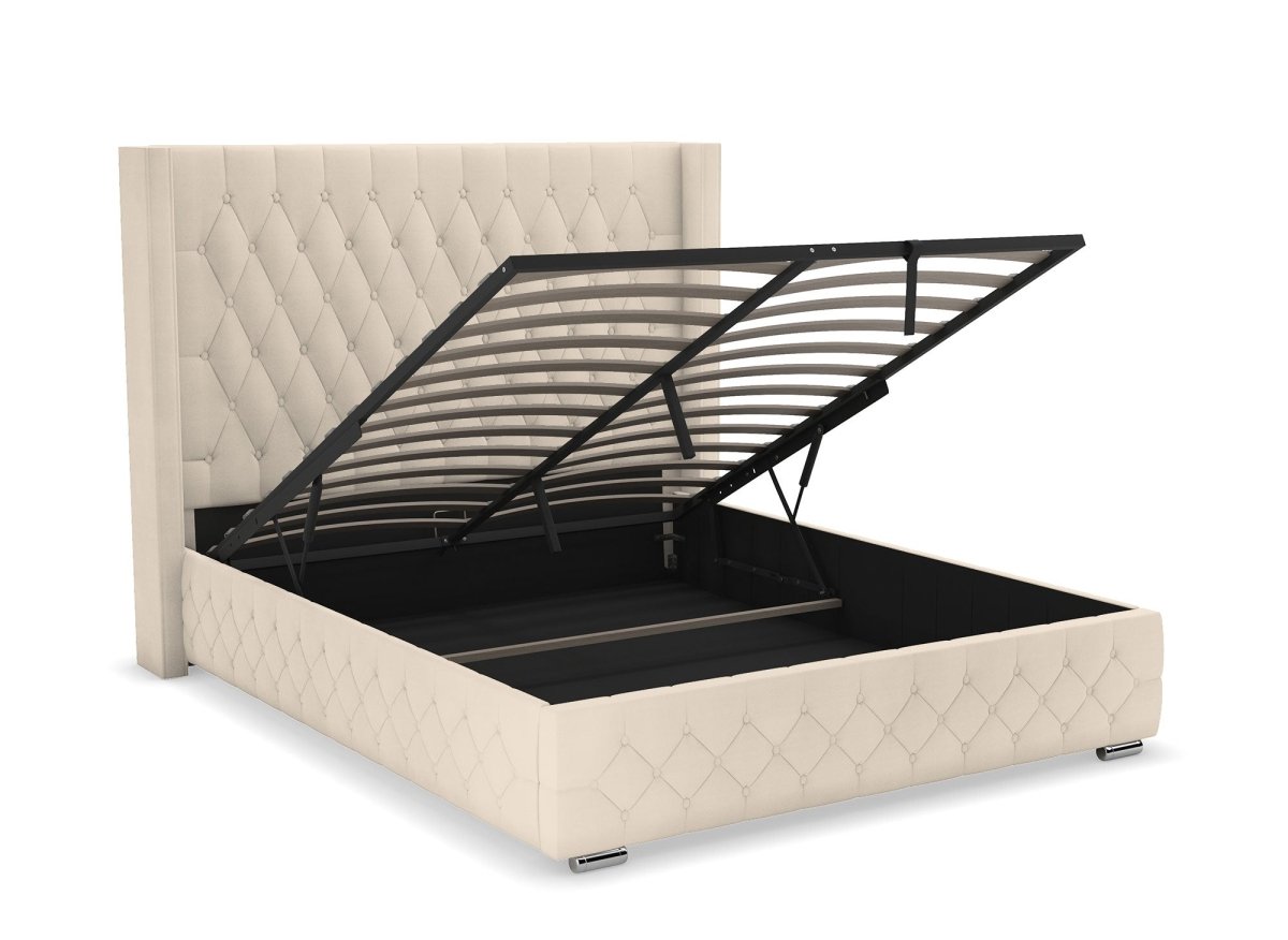 Lit coffre en velours beige 140X190 cm PERLA - DécoInParis