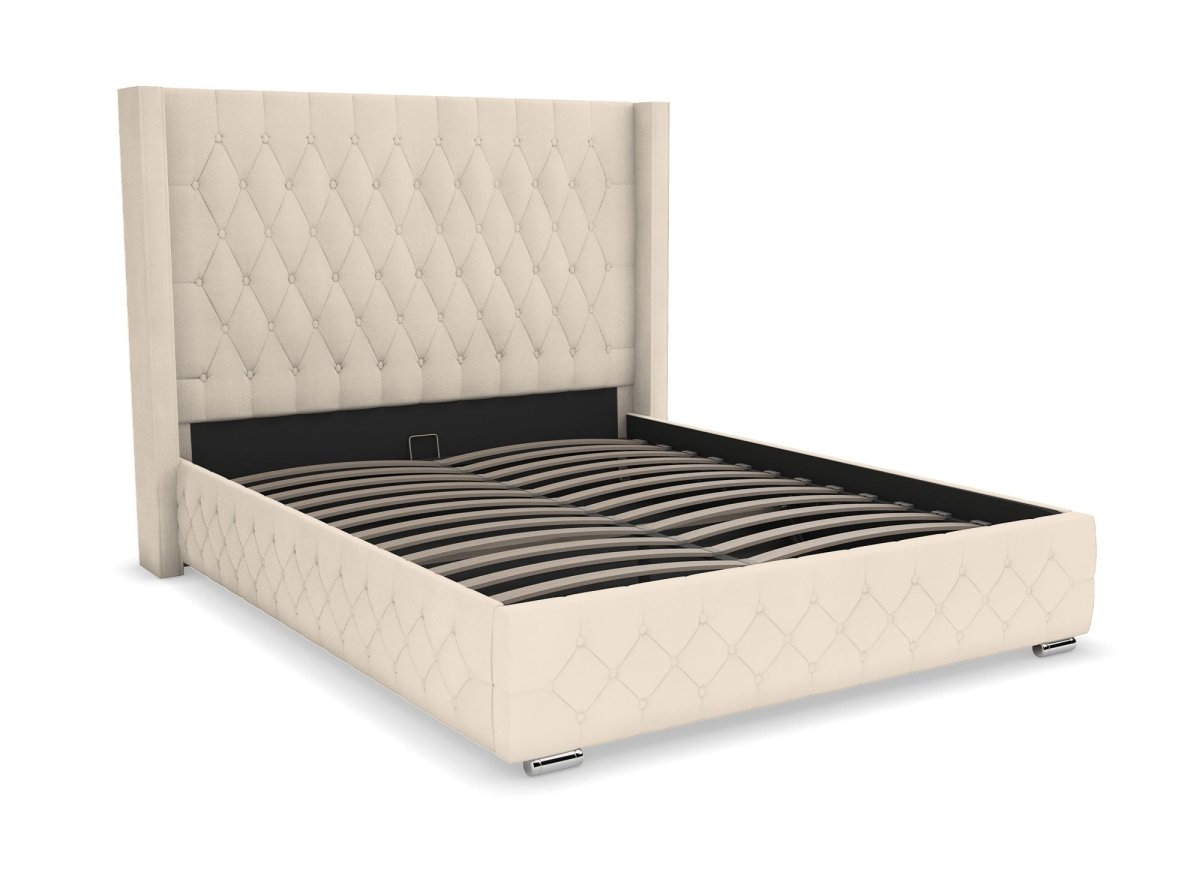 Lit coffre en velours beige 140X190 cm PERLA - DécoInParis