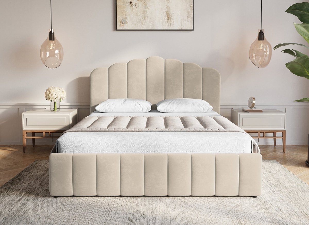 Lit coffre en velours beige 180x200 cm ELVIRA - DécoInParis