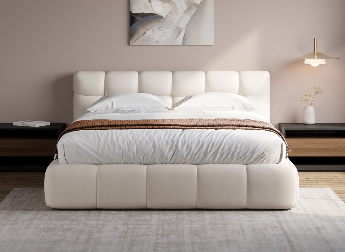 Lit coffre en velours beige 180x200 cm GEORGINA - DécoInParis