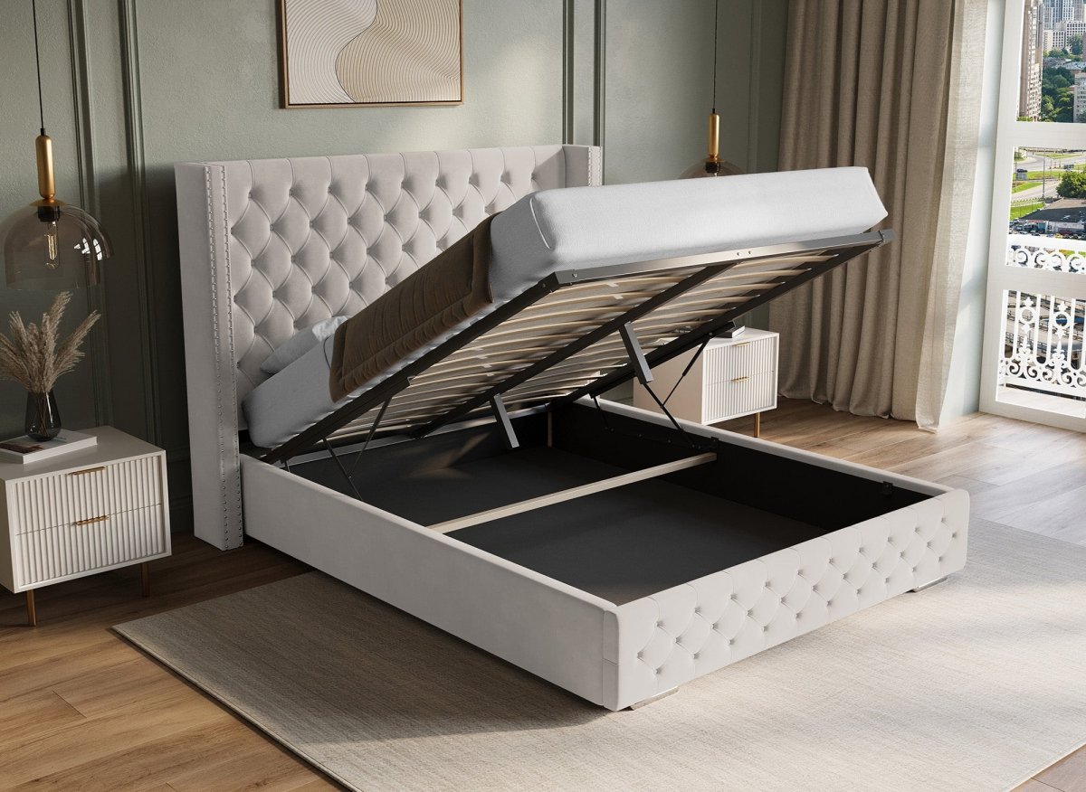 Lit coffre en velours beige 180x200 cm MAXI - DécoInParis